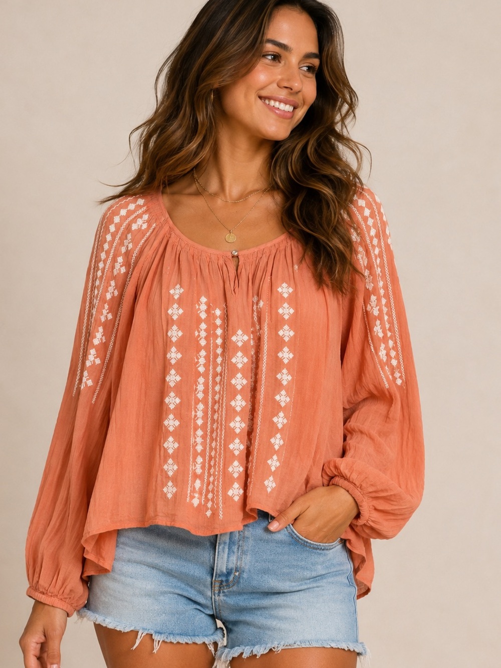 Star Mela Coral Peasant Tunic with White Embroidery